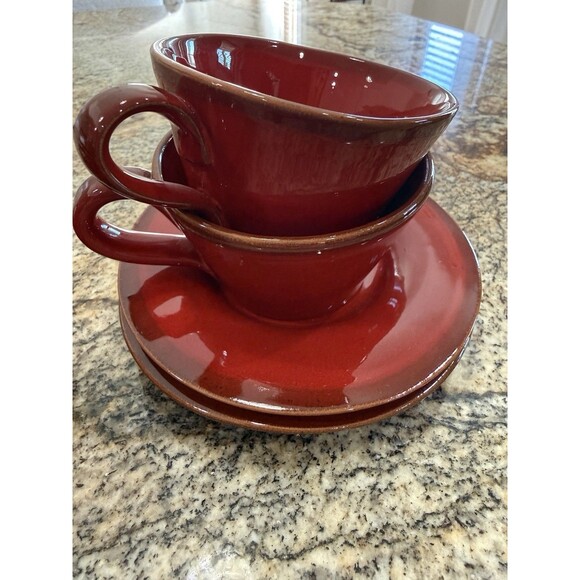 Vtg Modigliani Rosso Deruta Italian Pottery Red Cups & Saucers Set of 8 Italy - Picture 14 of 16
